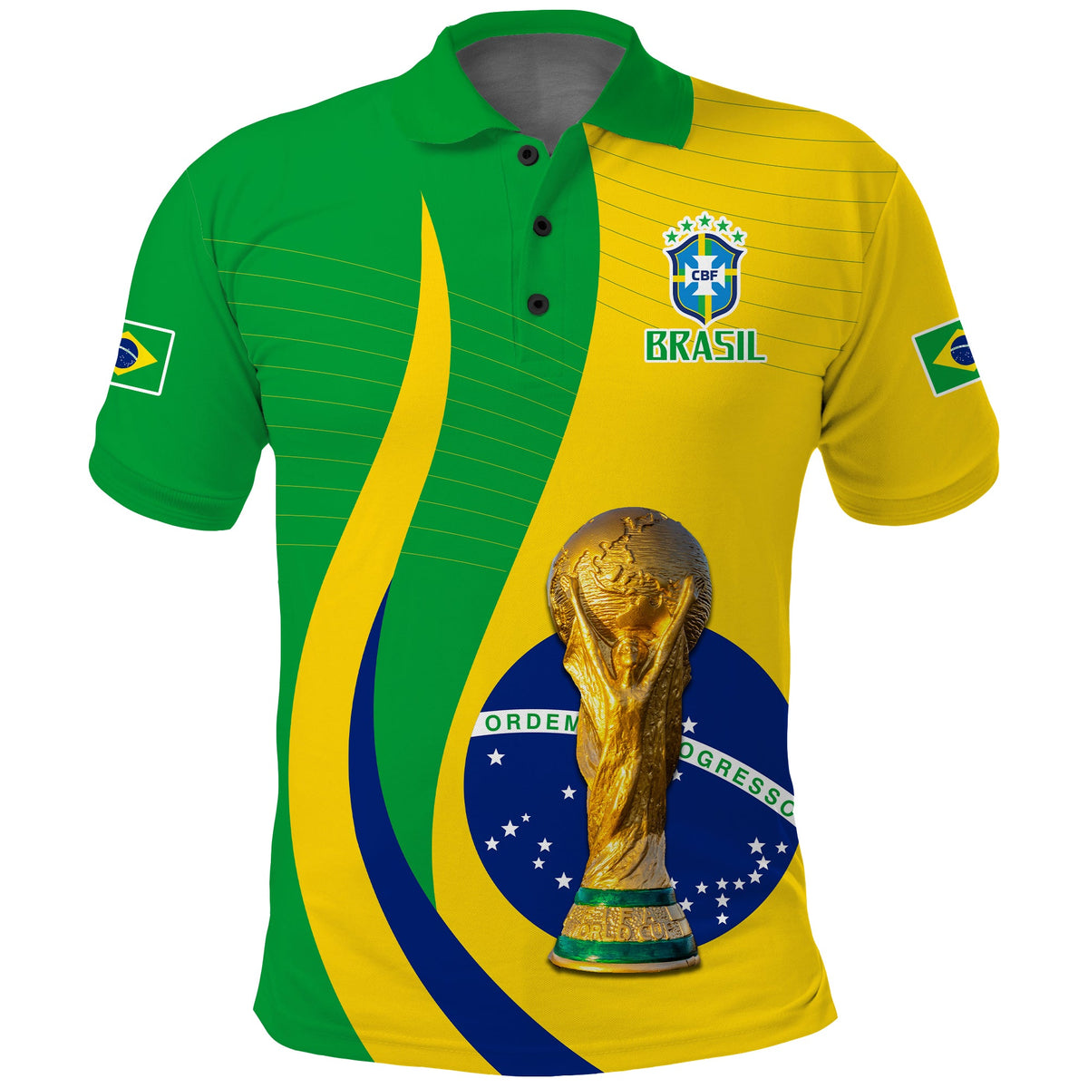 Polo shirt in green and yellow with button collar, trophy graphic, and Brasil crest