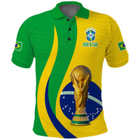 Polo shirt in green and yellow with button collar, trophy graphic, and Brasil crest
