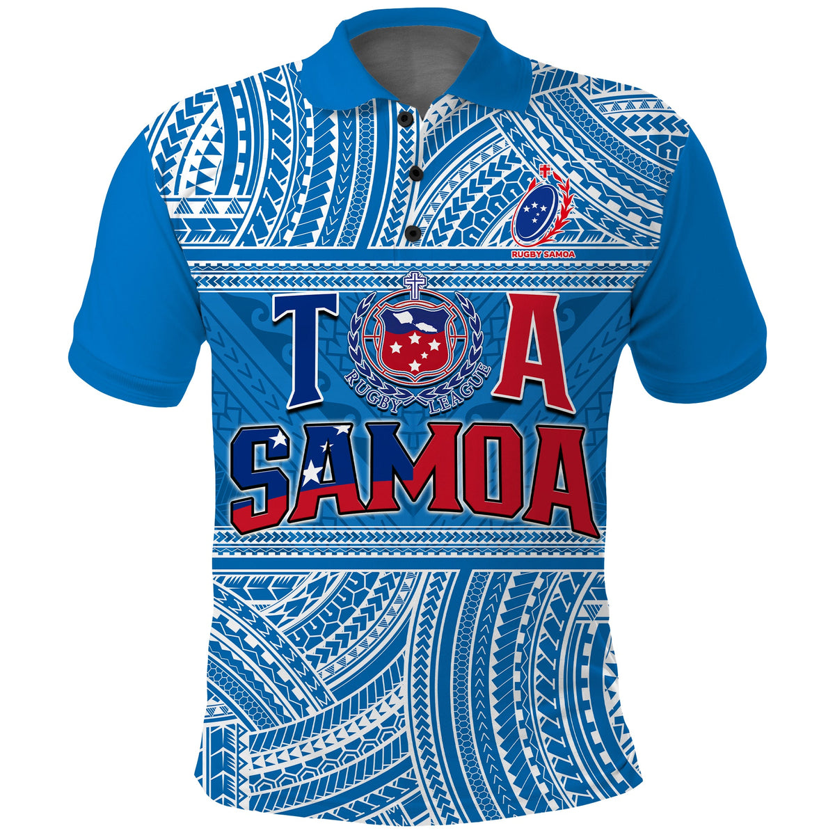 Blue rugby polo shirt front with Samoan pattern, T A SAMOA graphic and crest.
