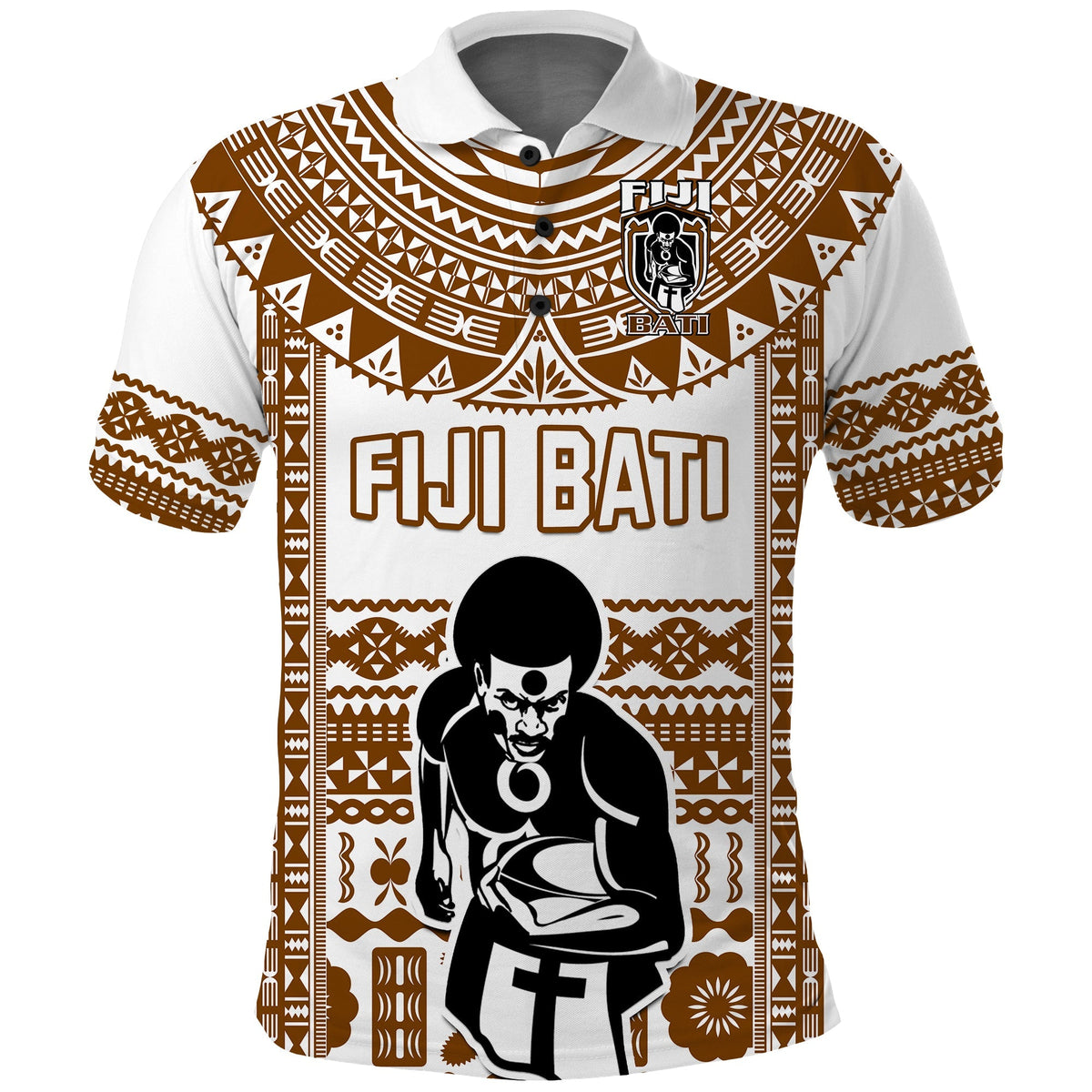 Rugby polo shirt, white with brown tapa pattern, FIJI BATI text and black figure print