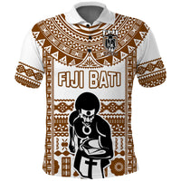 Rugby polo shirt, white with brown tapa pattern, FIJI BATI text and black figure print