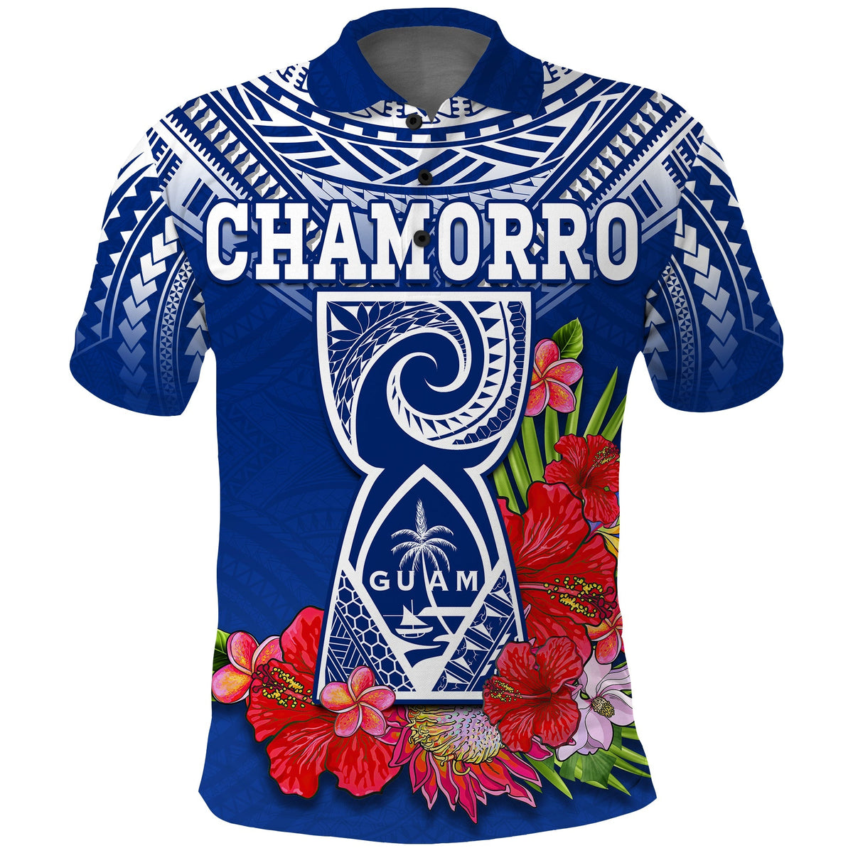Custom Chamorro Guam Polo Shirt Guaman Latte Stone Tropical Flowers Blue Version - Wonder Print Shop