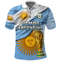 Blue football polo shirt with white collar; 'VAMOS ARGENTINA' sun and trophy graphic