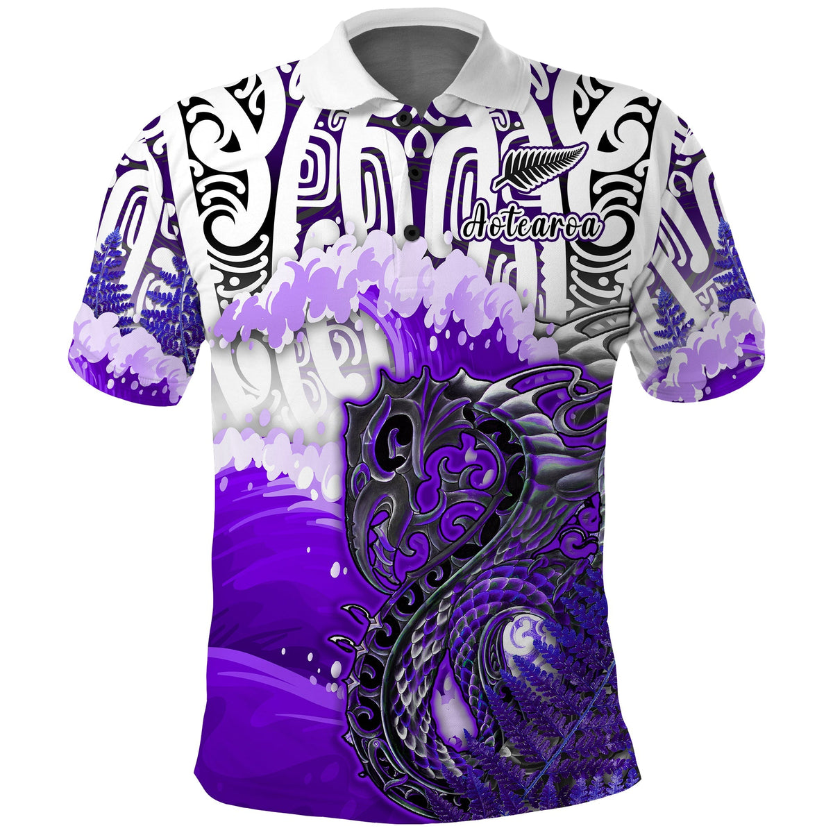 Custom Manaia Maori Polo Shirt Fern Aotearoa Purple Waves LT13 - Wonder Print Shop