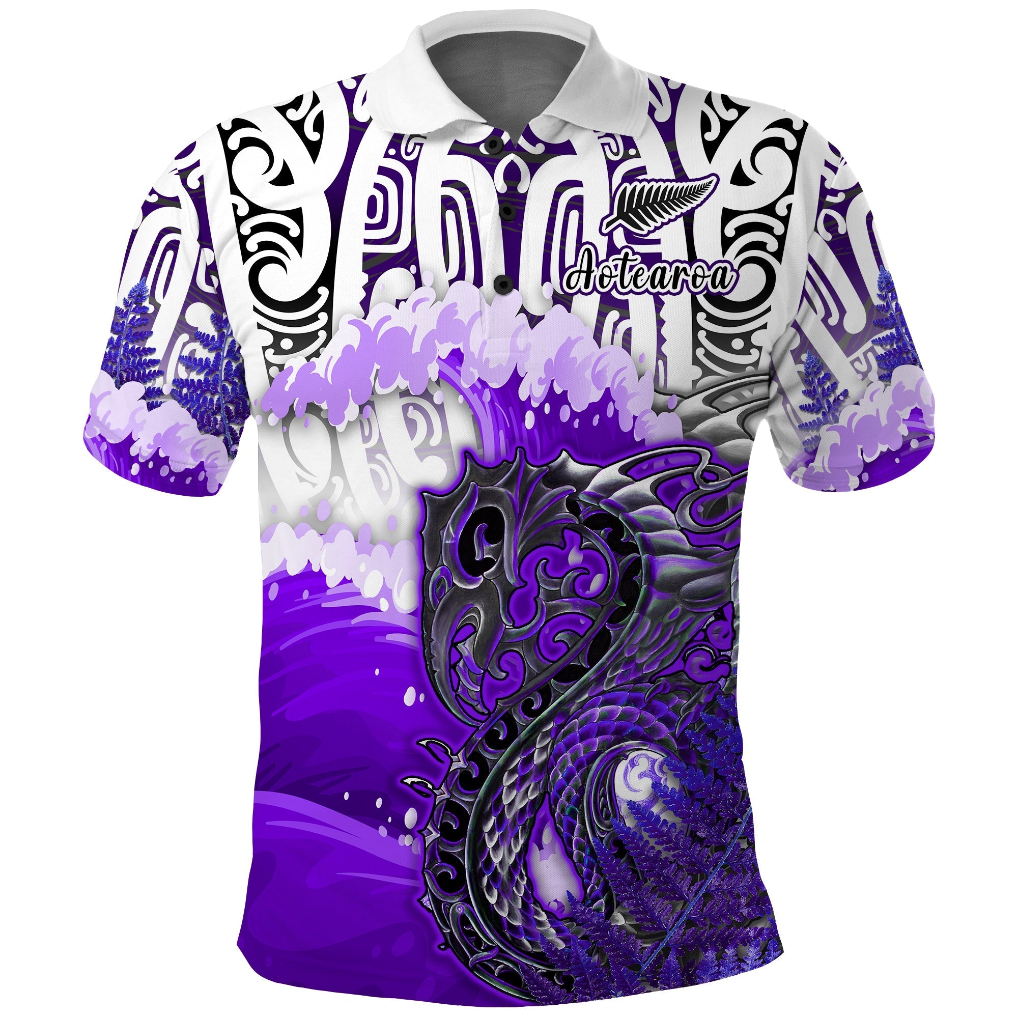 Custom Manaia Maori Polo Shirt Fern Aotearoa Purple Waves LT13 - Wonder Print Shop