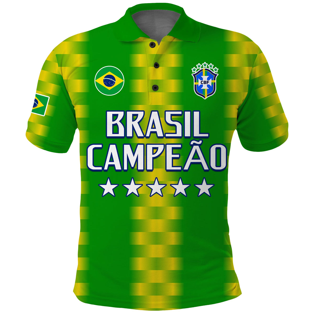 Green football polo shirt with yellow check pattern, BRASIL CAMPEAO front graphic and stars