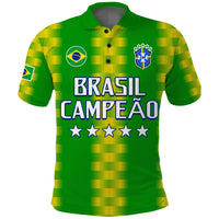 Green football polo shirt with yellow check pattern, BRASIL CAMPEAO front graphic and stars