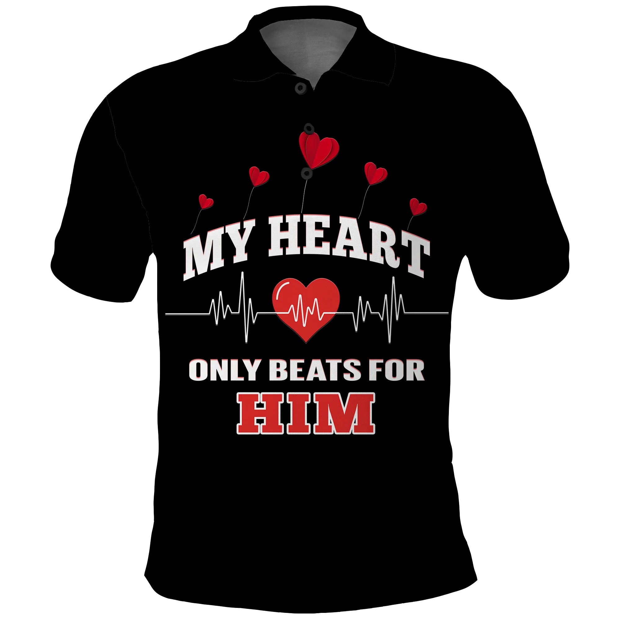 Custom American Valentines Day Polo Shirt Black My Heart Only Beats For Him - Wonder Print Shop