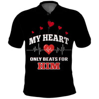 Custom American Valentines Day Polo Shirt Black My Heart Only Beats For Him - Wonder Print Shop