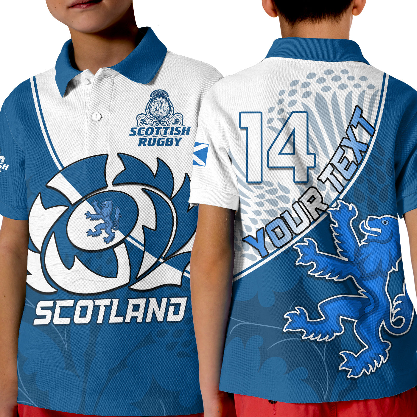 custom-text-and-number-scotland-rugby-polo-shirt-kid-scottish-coat-of-arms-mix-thistle-newest-version