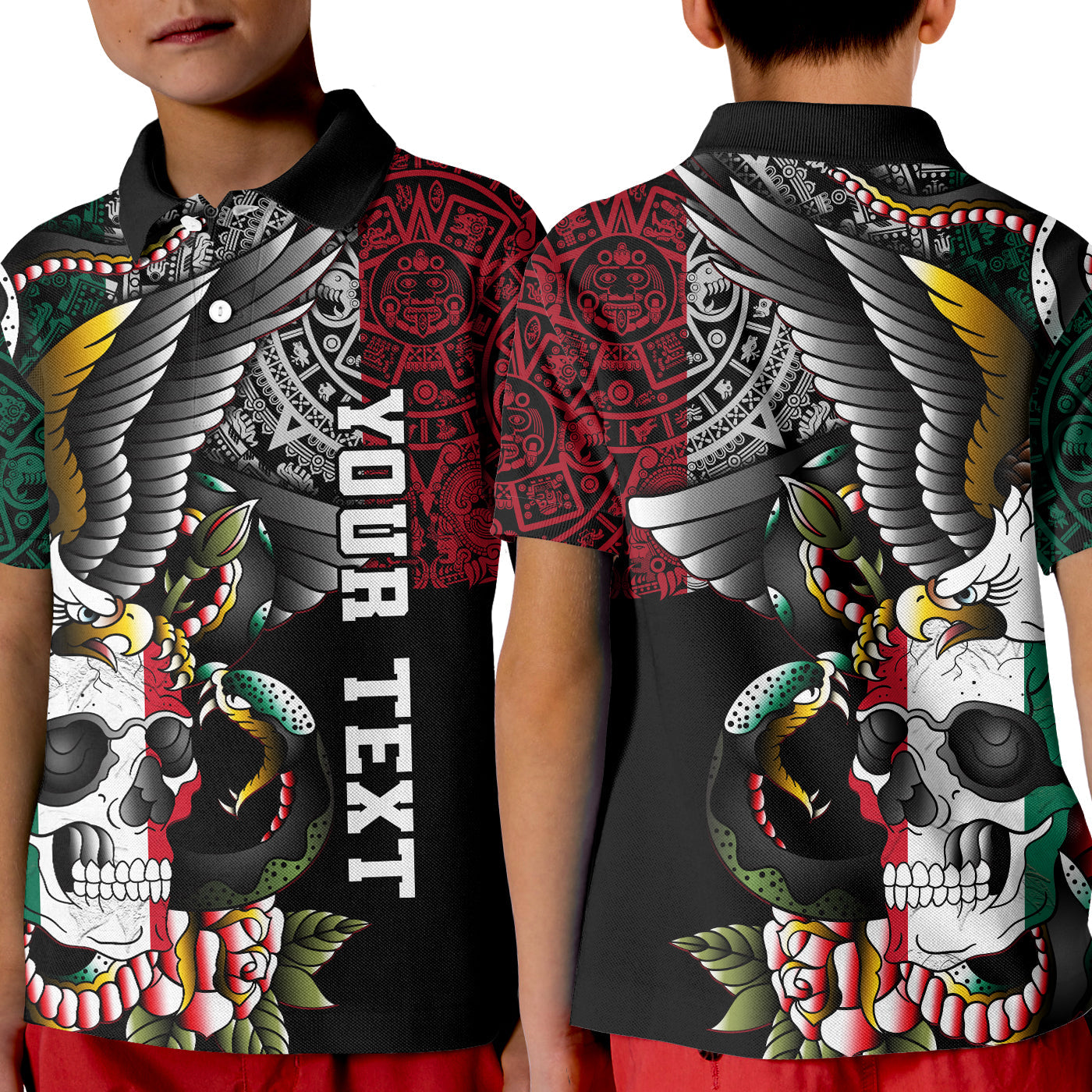 Custom Mexico Polo Shirt KID Mexican Skull Eagle With Angry Snake - Wonder Print Shop