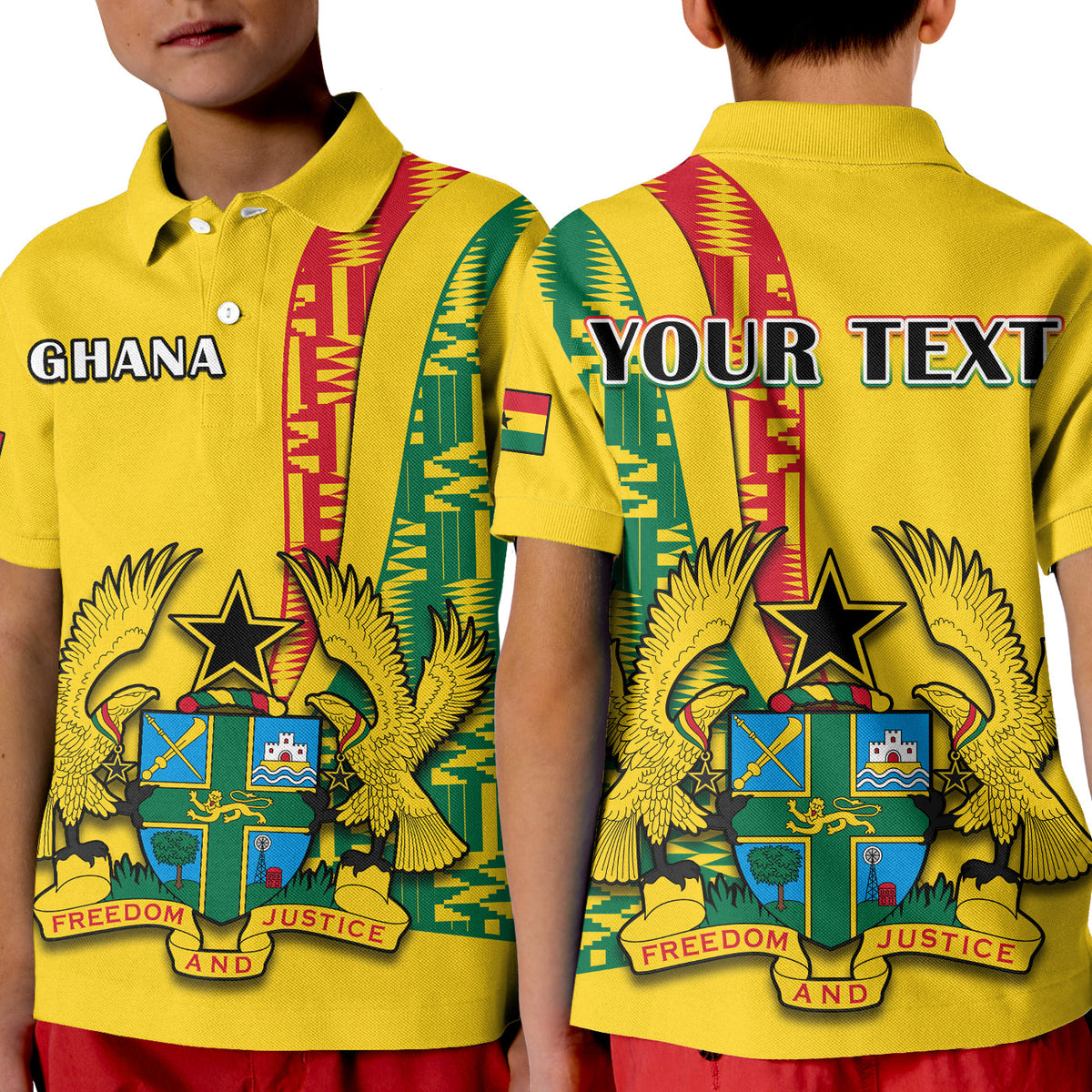 Custom Ghana Polo Shirt Ghanan Coat Of Arms Mix Kente Pattern - Wonder Print Shop