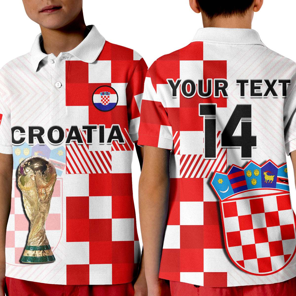 (Custom Text And Number) Croatia Football Polo Shirt KID Hrvatska Checkerboard Champions WC 2022 - Wonder Print Shop
