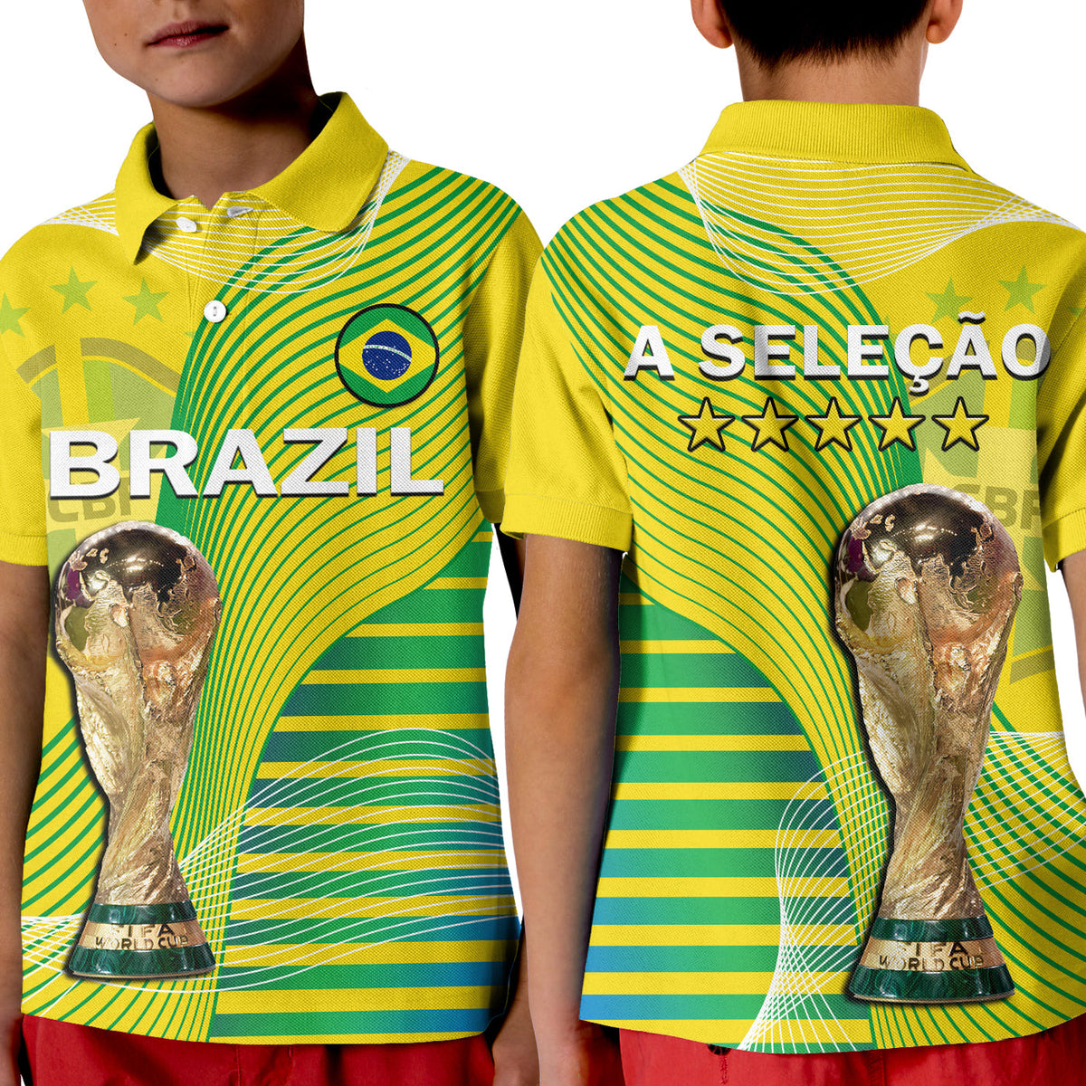 (Custom Text And Number) Brazil Football Polo Shirt KID Canarinha Champions WC 2022 - Wonder Print Shop