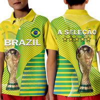 Kids Brazil football polo shirt, yellow and green striped, front graphic and trophy print