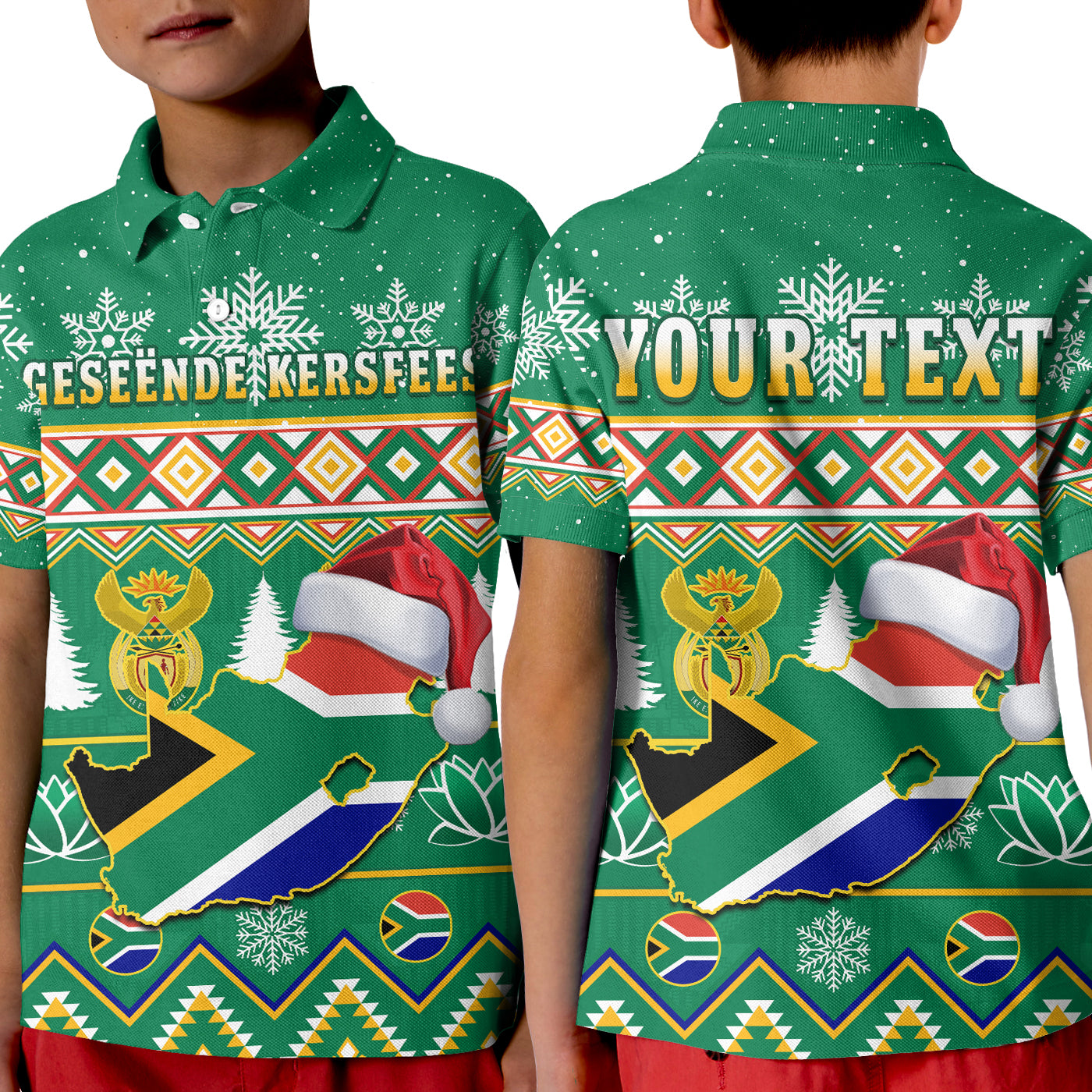 custom-personalised-south-africa-christmas-polo-shirt-kid-king-protea-geseende-kersfees