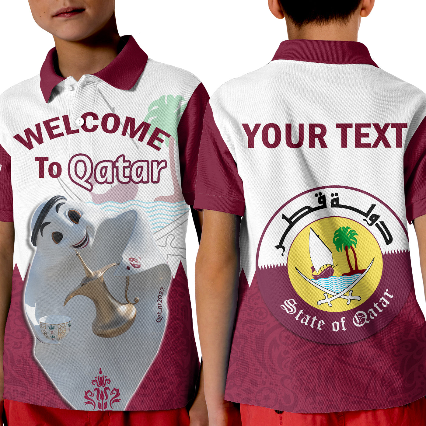 Custom Qatar Polo Shirt KID Laeeb Mascot Football 2022 Welcome To Qatari - Wonder Print Shop