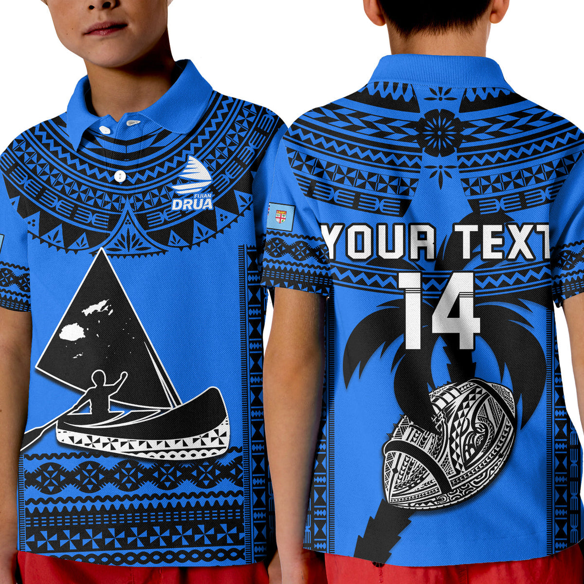 Custom Text And Number Fiji Rugby Polo Shirt KID Fijian Drua Super Polynesian Special Tapa Pattern - Wonder Print Shop