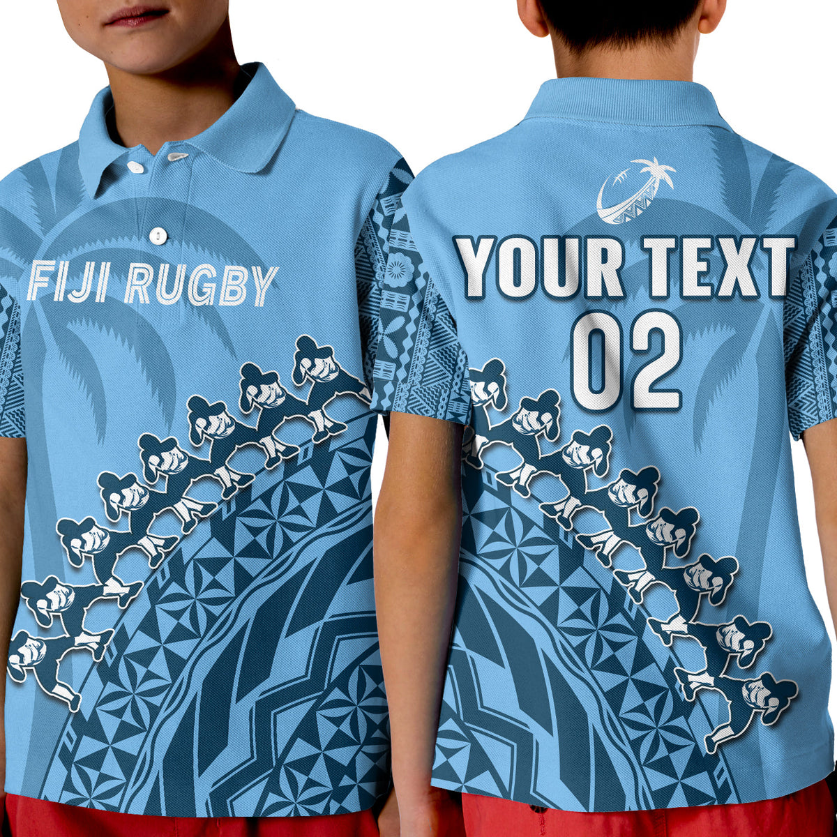 Custom Text And Number Fiji Tapa Rugby Polo Shirt KID Fijian Cibi Dance Tapa Pattern Blue - Wonder Print Shop