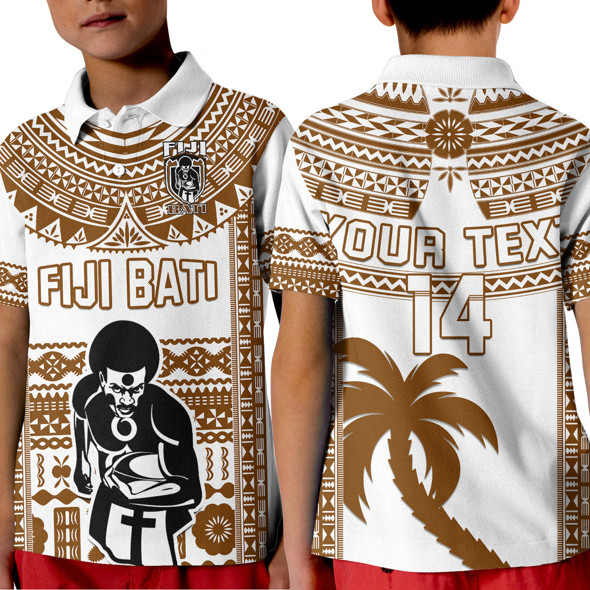 Rugby polo shirt, white with brown tapa pattern, FIJI BATI front and Your Text 14 back