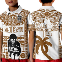 Rugby polo shirt, white with brown tapa pattern, FIJI BATI front and Your Text 14 back