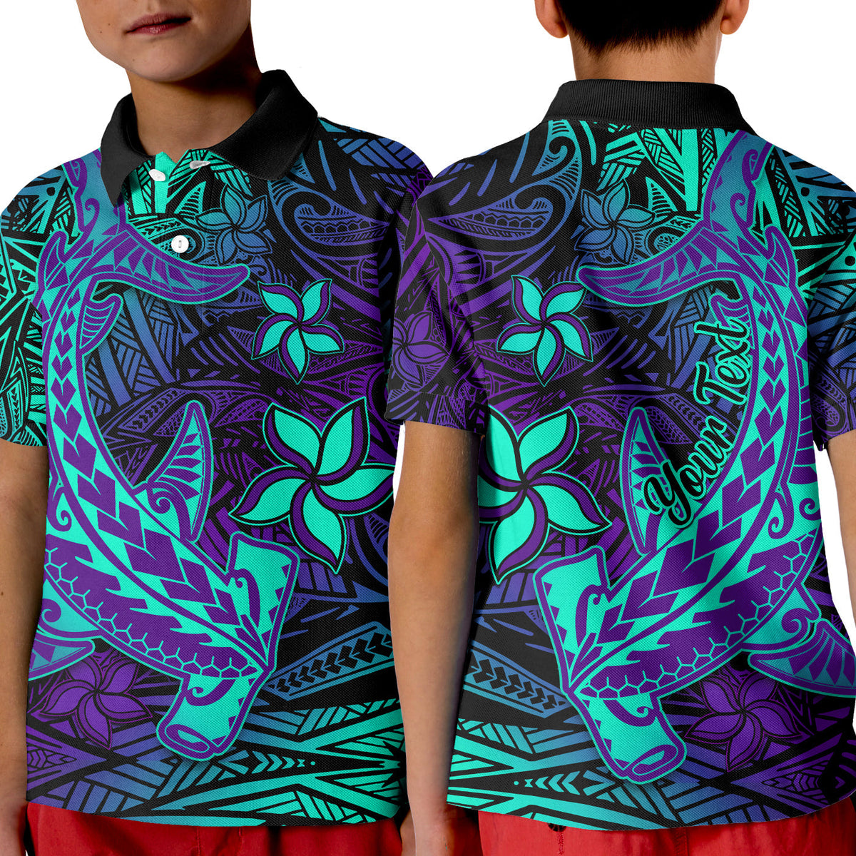 Custom Polynesian Polo Shirt KID Purple Paradise Hawaiian Tribal Hammerhead Shark - Wonder Print Shop