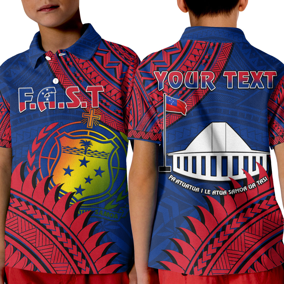 Custom F.A.S.T Samoa Polo Shirt KID Samoan Coat Of Arms Polynesian Pattern - Wonder Print Shop