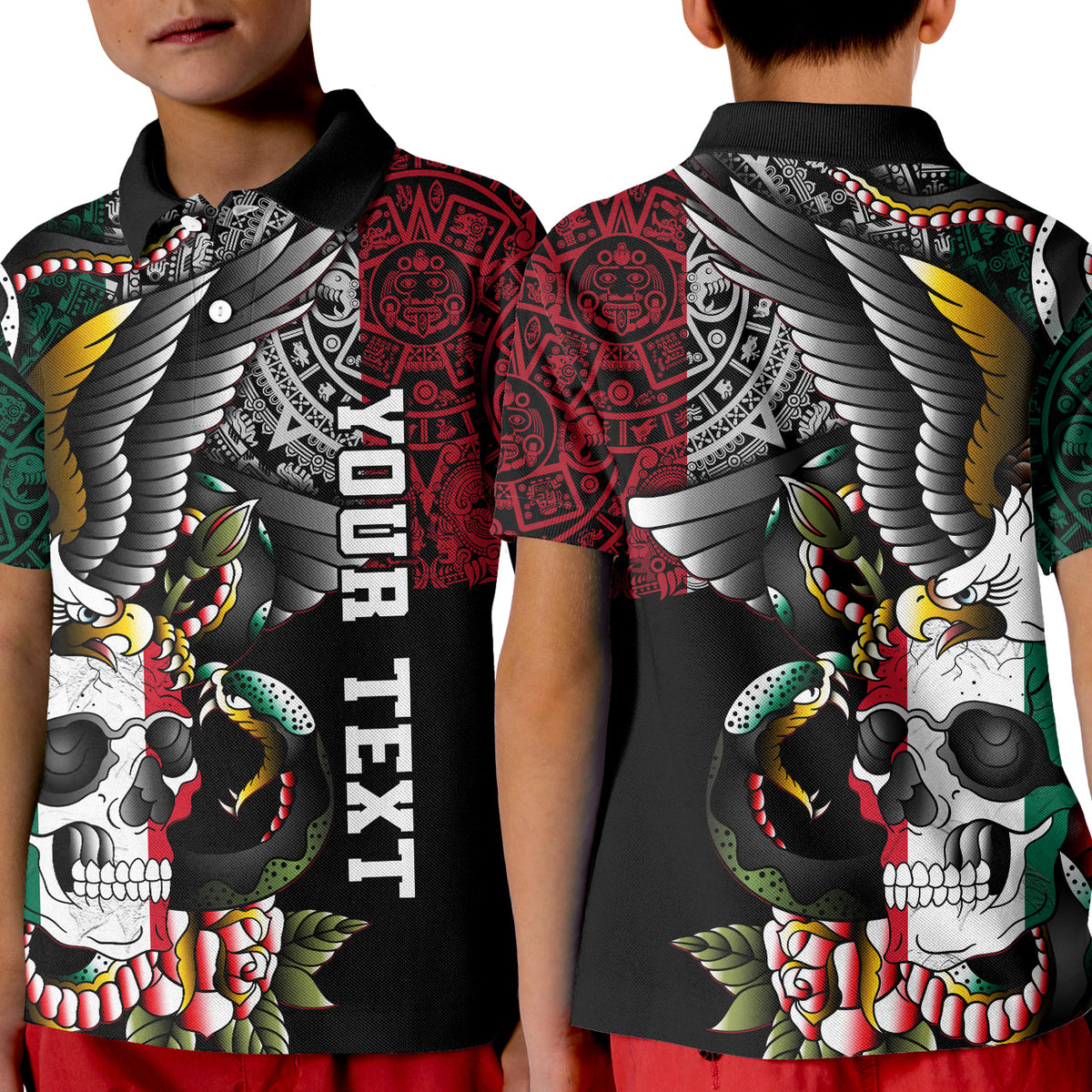 Custom Mexico Polo Shirt Mexican Skull Eagle With Angry Snake - Wonder Print Shop