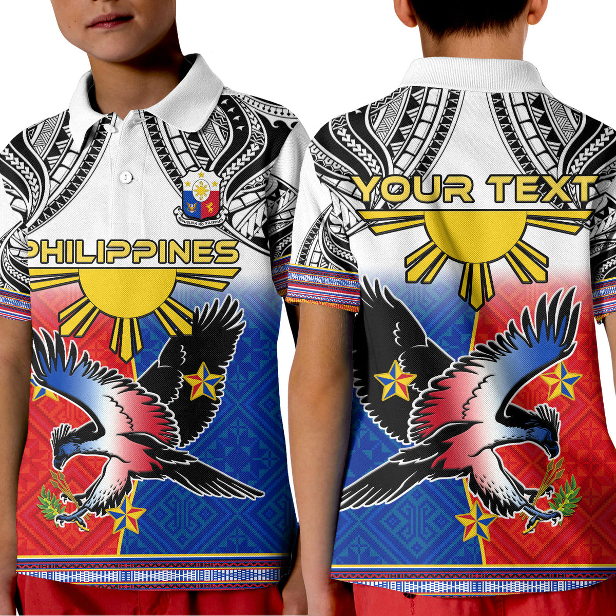 Custom Philippines Polo Shirt Polynesian Filipino Pattern With Eagle - Wonder Print Shop
