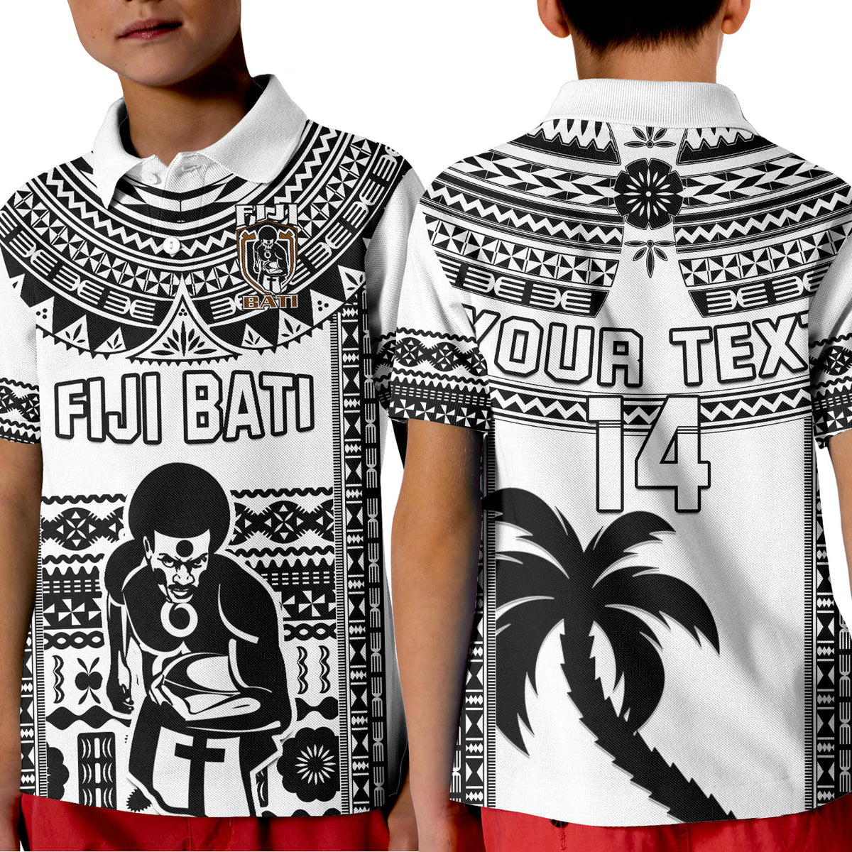 Kids rugby polo shirt front close-up, black-and-white tribal print with 'FIJI BATI' and figure