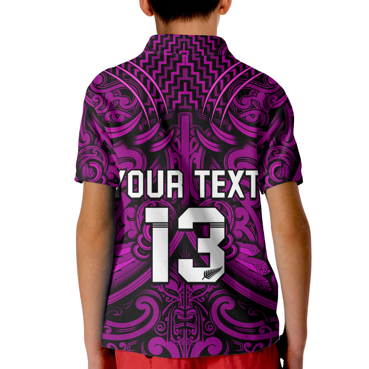 Custom Text and Number New Zealand Silver Fern Rugby Polo Shirt KID All Black Purple NZ Maori Pattern LT13 - Wonder Print Shop