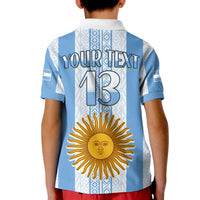 Kids football polo shirt in light blue/white stripes, collared, YOUR TEXT #13 back and sun