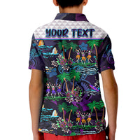 Kids purple polo shirt back with 'YOUR TEXT' panel and tropical skeleton print