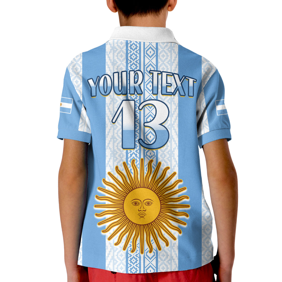 Argentina football polo shirt, back view with “YOUR TEXT 13” and large sun emblem