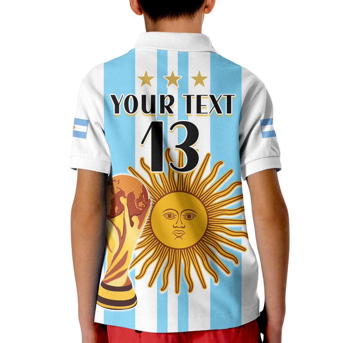 Kids football polo back, light blue/white stripes with stars and number 13