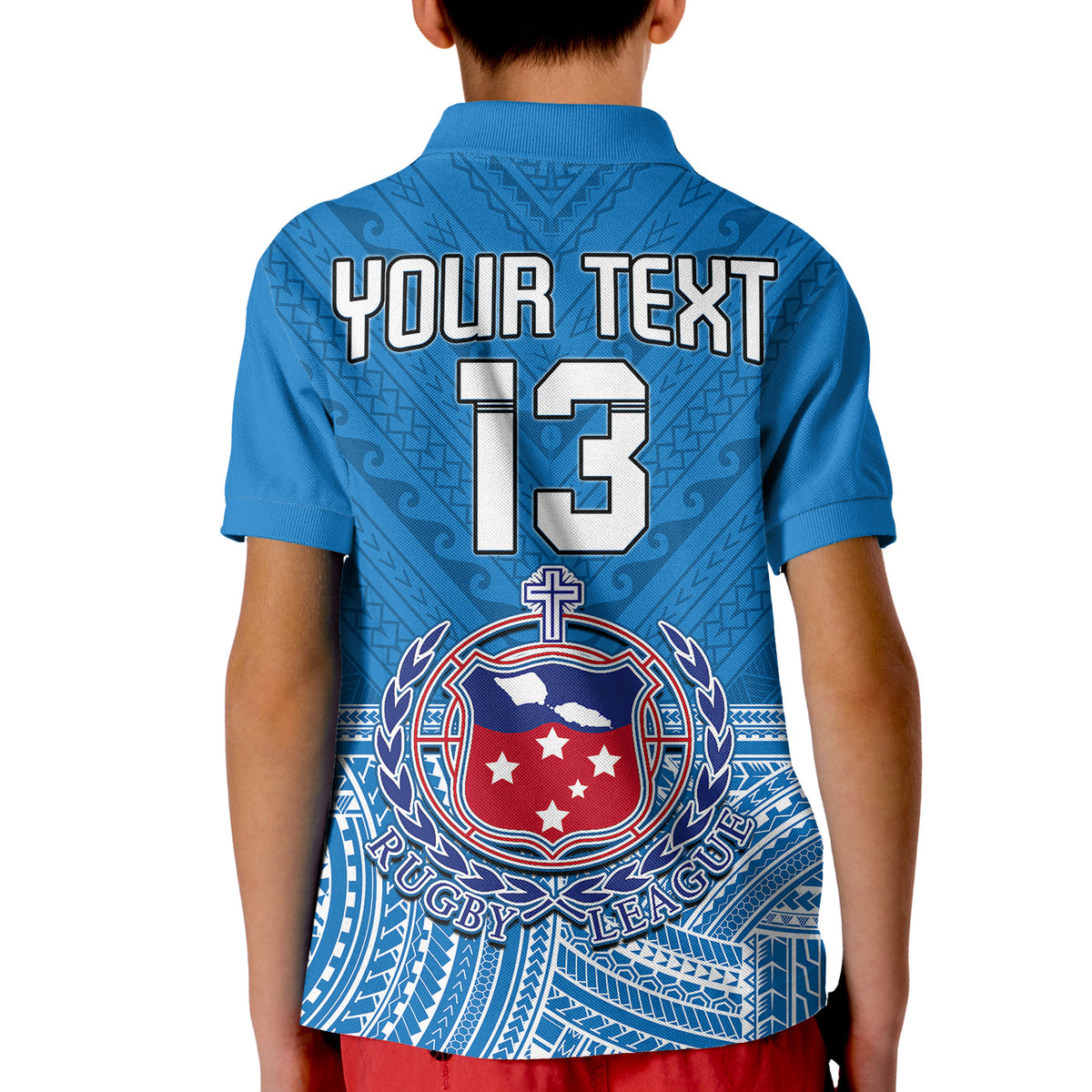 Blue rugby polo shirt back on model with "YOUR TEXT" and number 13, Samoan crest.