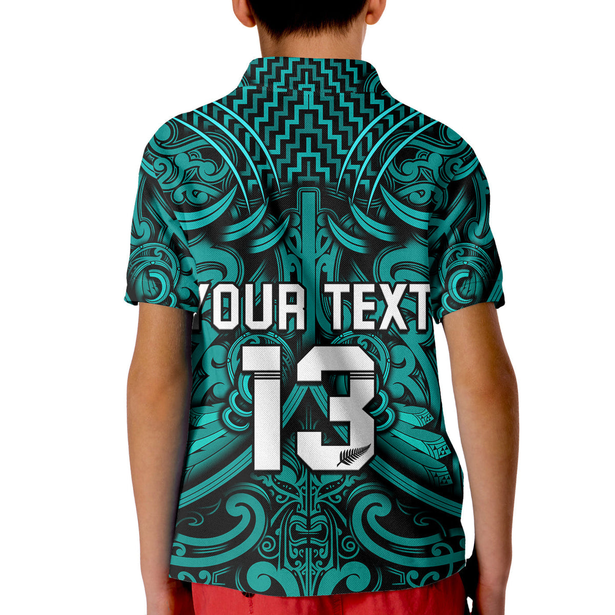 Custom Text and Number New Zealand Silver Fern Rugby Polo Shirt KID All Black Turquoise NZ Maori Pattern LT13 - Wonder Print Shop