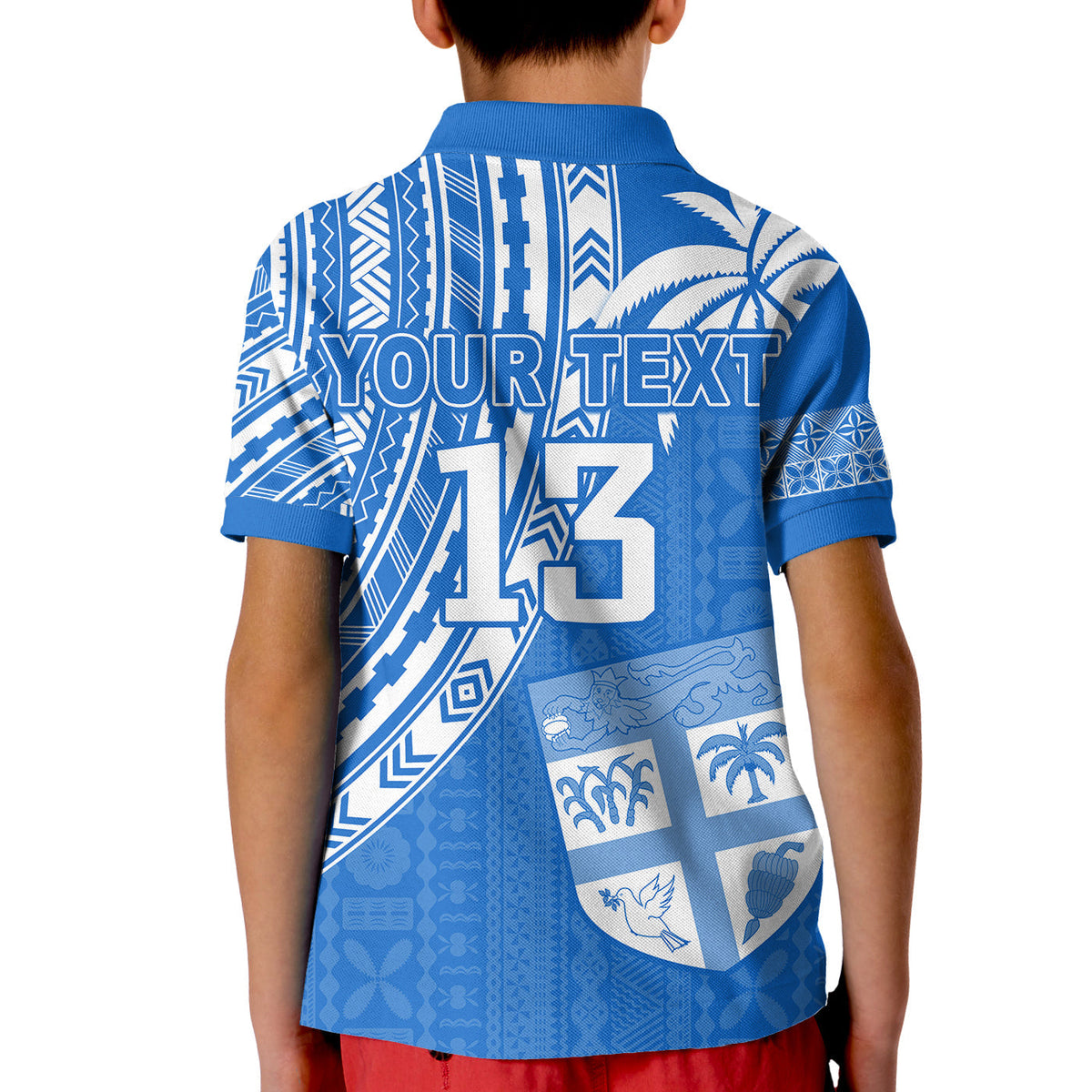Blue polo shirt back view with 'YOUR TEXT' and number 13, shield emblem detail