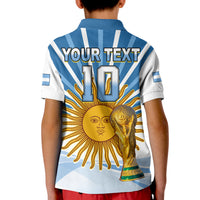 Kids Argentina football polo shirt back print: 'YOUR TEXT' and number 10 with trophy