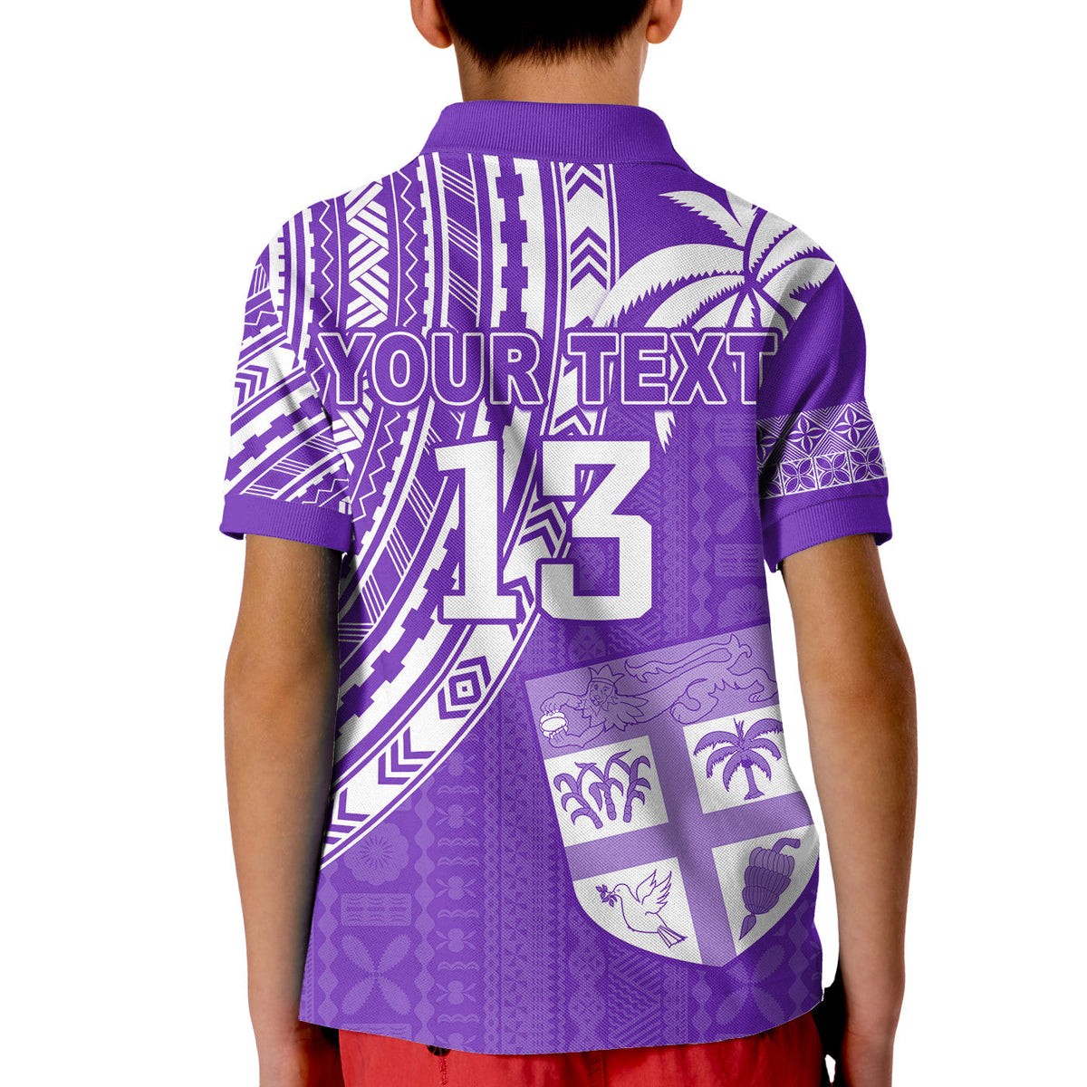 Purple rugby sevens polo shirt back with “YOUR TEXT”, large “13”, and shield island motif