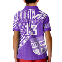 Purple rugby sevens polo shirt back with “YOUR TEXT”, large “13”, and shield island motif