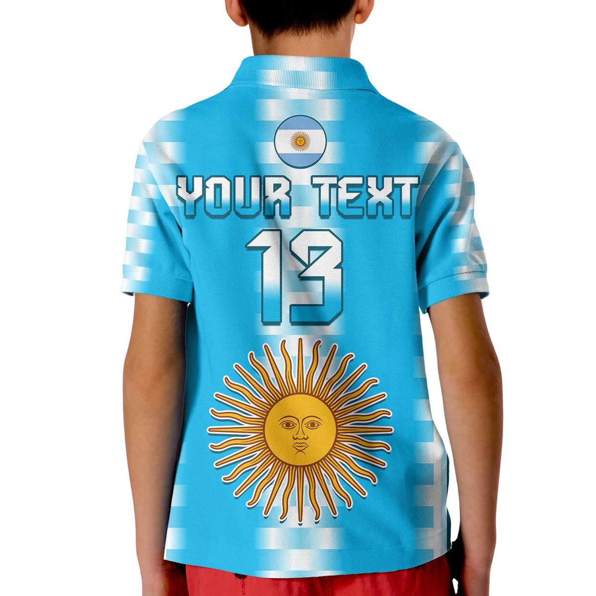 Kids light blue polo shirt with YOUR TEXT 13 and sun emblem, flag circle