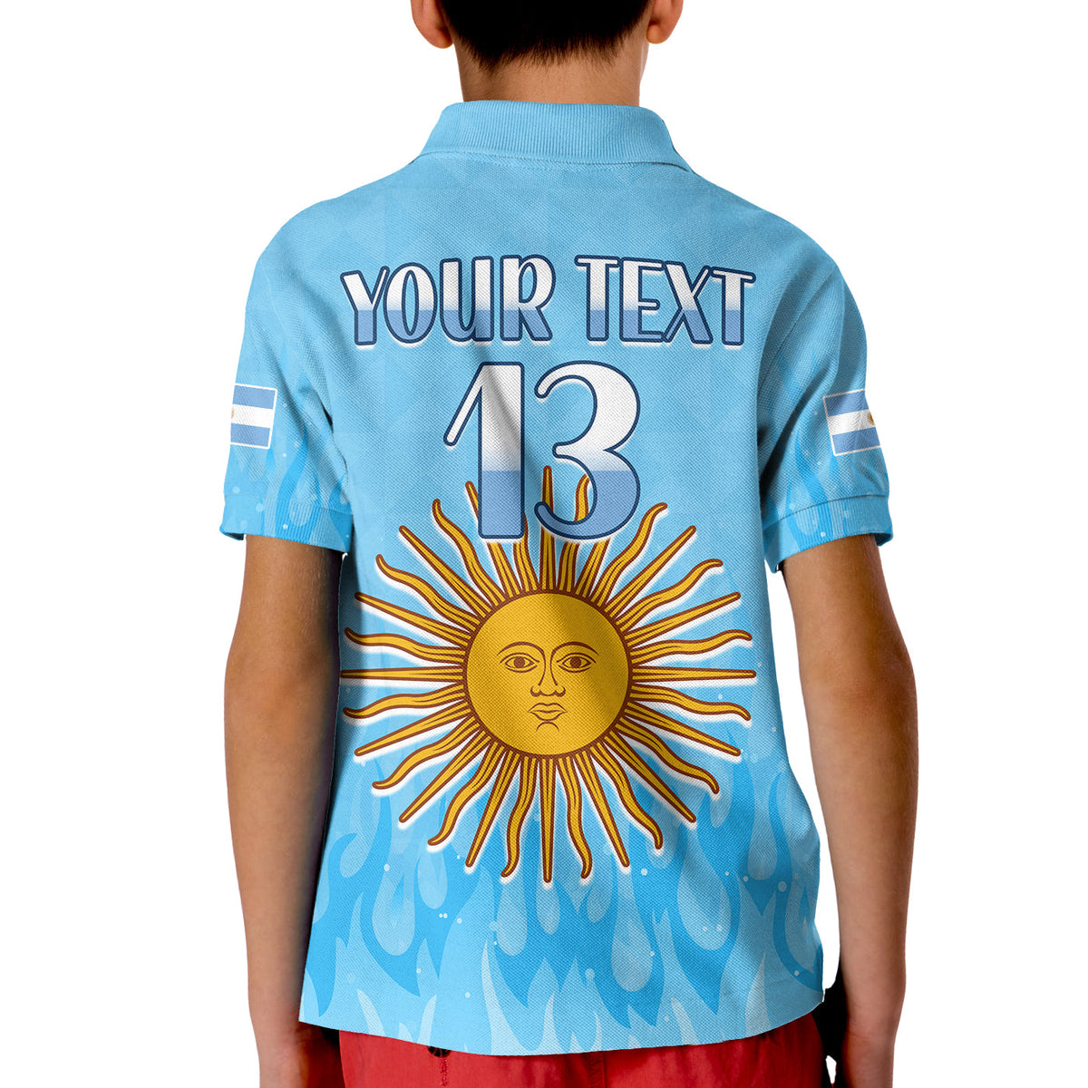 (Custom Text and Number) Argentina Football Polo Shirt KID Vamos Sky Champions World Cup Fire LT13 - Wonder Print Shop