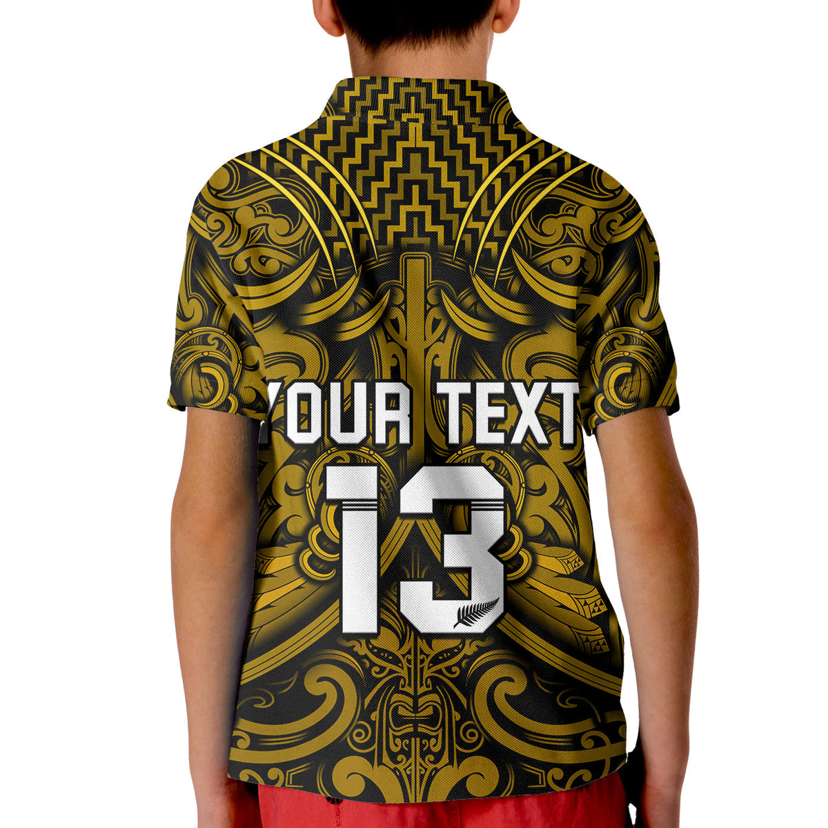 Custom Text and Number New Zealand Silver Fern Rugby Polo Shirt KID All Black Gold NZ Maori Pattern LT13 - Wonder Print Shop