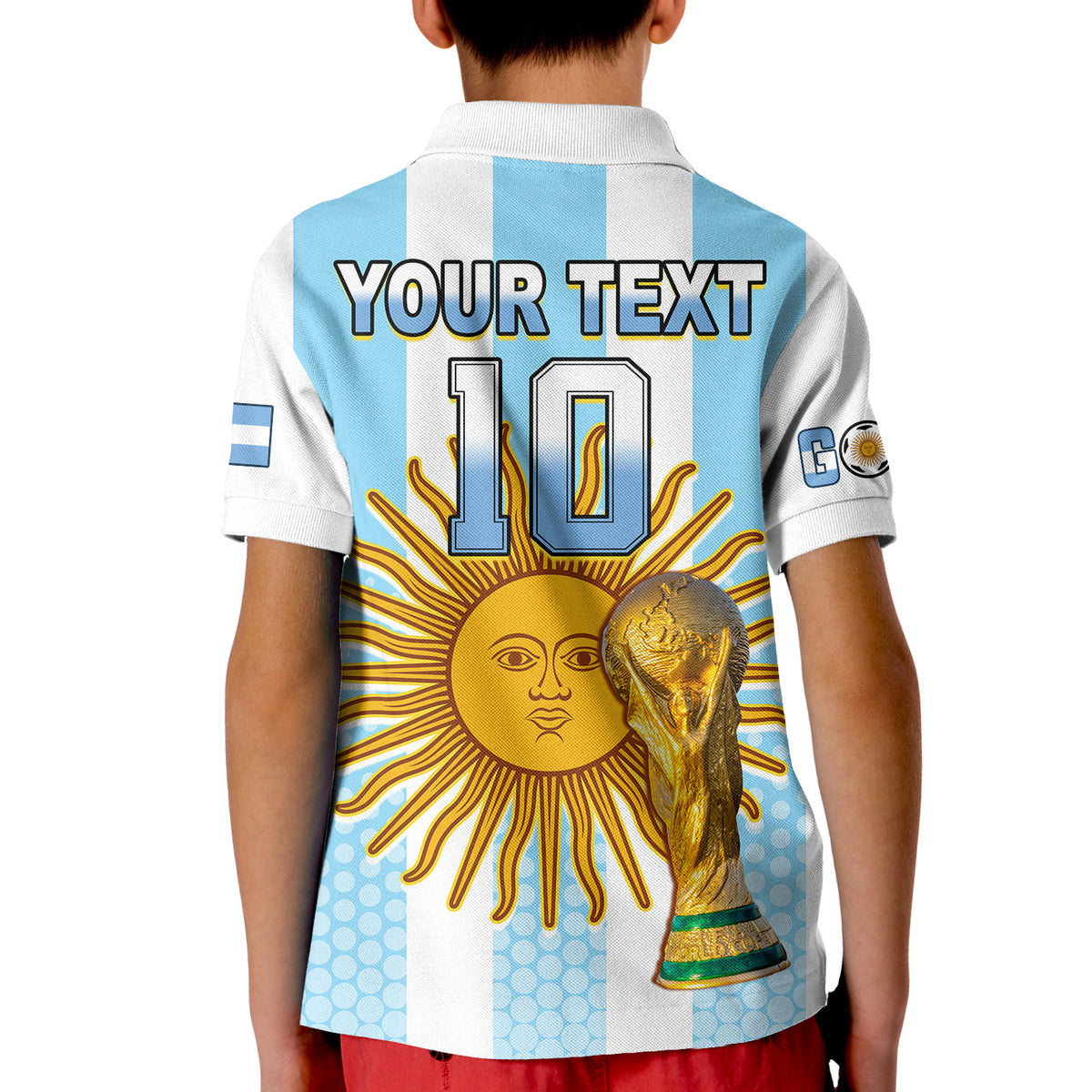 Kids football polo, light blue/white stripes, back print 'YOUR TEXT' with gold 10