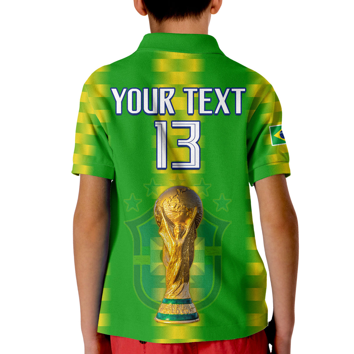 Green Brazil football polo shirt, back YOUR TEXT 13 and gold trophy, yellow check pattern