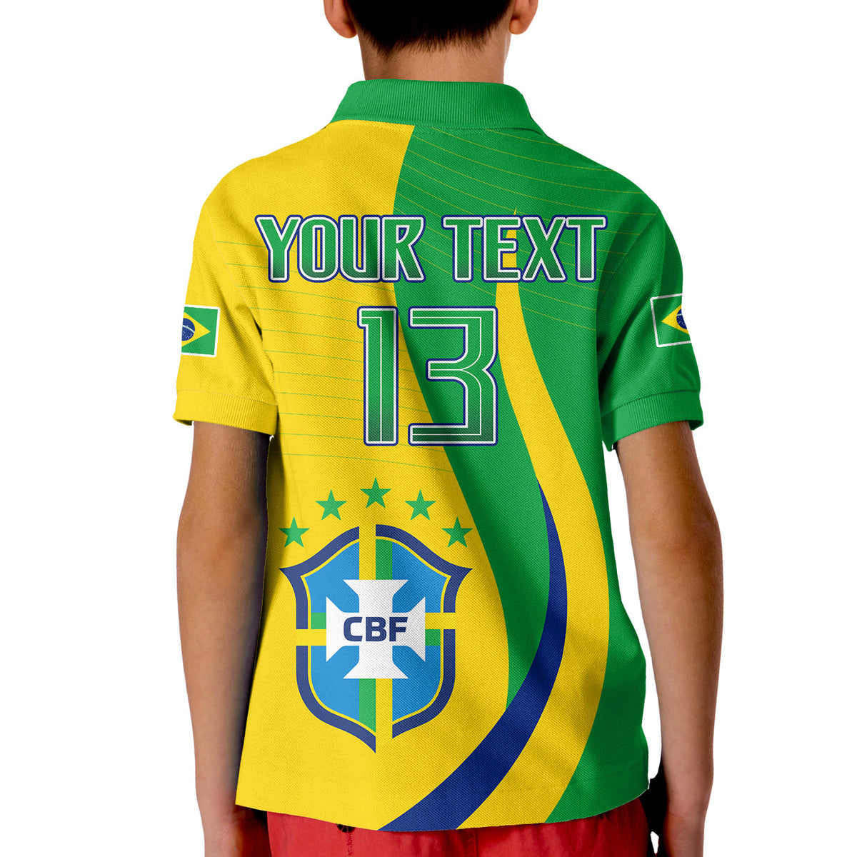 Kids polo shirt in green and yellow with back print YOUR TEXT 13 and CBF crest