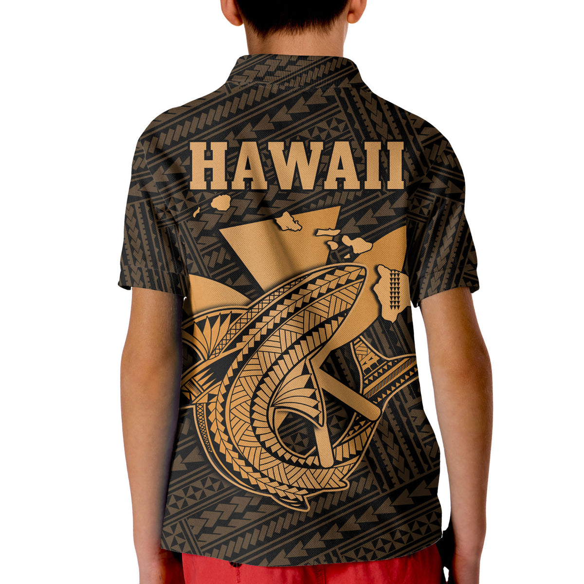 Custom Hawaii Polo Shirt KID Kakau Kanaka Maoli Combine Polynesian Shark Ver.01 - Wonder Print Shop