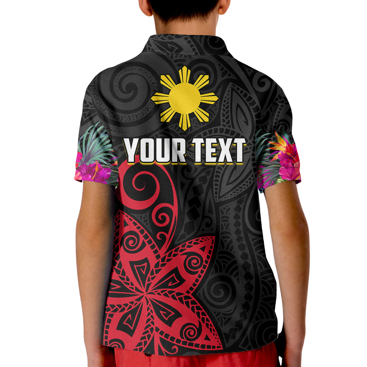 Custom Philippines Polo Shirt KID Sun Filipino Polynesian mix Flowers Black Vibe LT13 - Wonder Print Shop