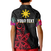 Custom Philippines Polo Shirt KID Sun Filipino Polynesian mix Flowers Black Vibe LT13 - Wonder Print Shop